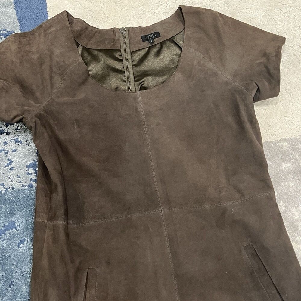 Sen Women’s Small Shift Dress - 100% Suede Pocket Short Sleeve Zip Y2k Vintage